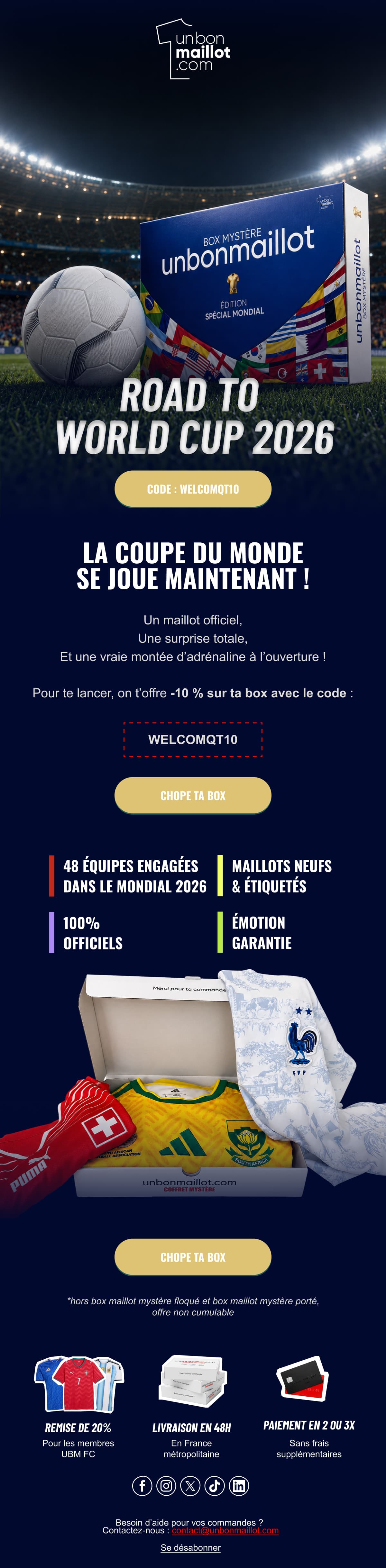 Premier e-mail du flow de bienvenue : la box mystère édition spéciale Mondial posée sur la pelouse d’un stade, titre « Road to World Cup 2026 », code de bienvenue et quatre garanties produit.
