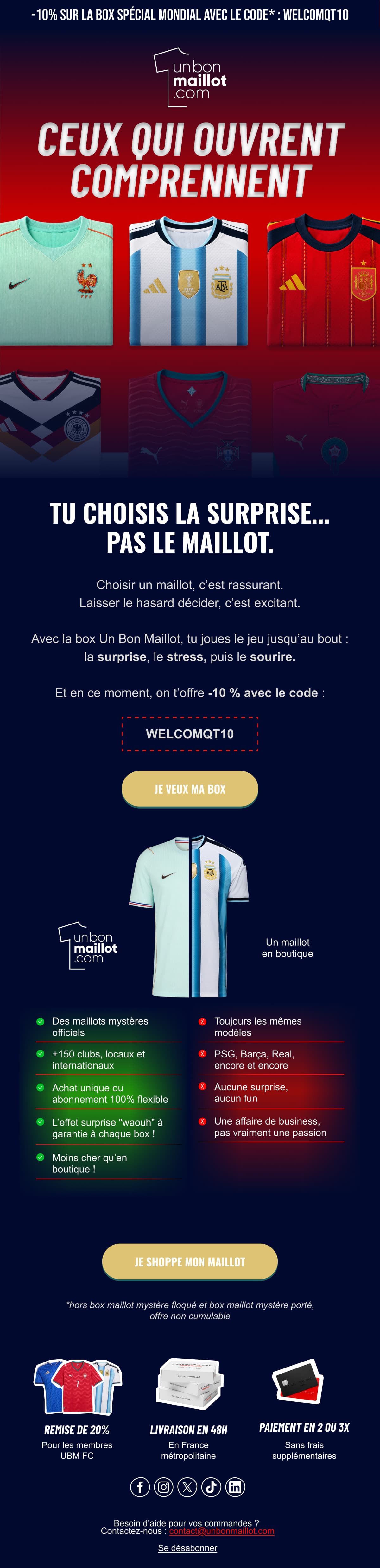Deuxième e-mail : six maillots de sélections alignés sur un fond rouge, accroche « Ceux qui ouvrent comprennent », puis comparatif point par point entre la box et un achat en boutique.