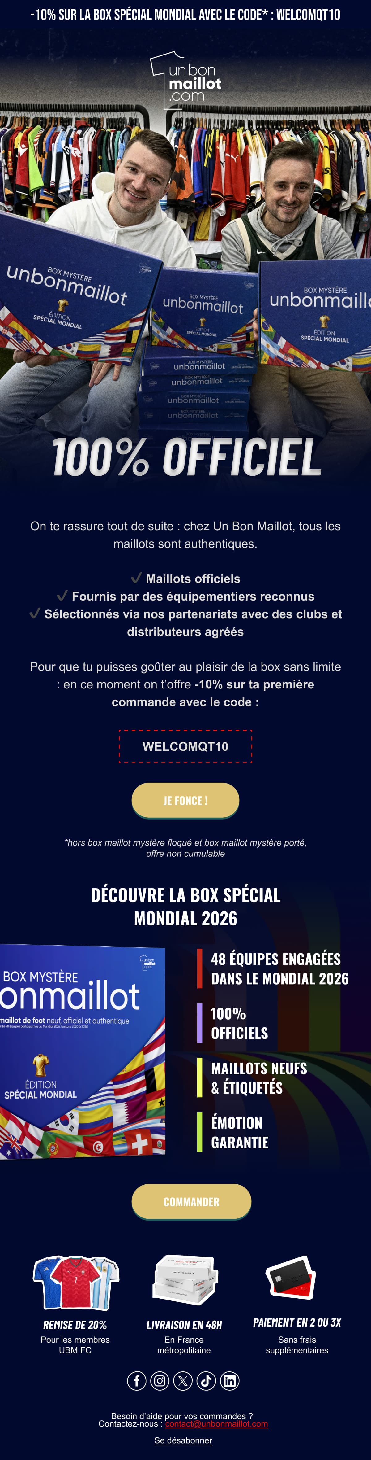 Troisième e-mail : les deux fondateurs devant un portant de maillots, coffrets en main, mention « 100 % officiel » et détail des garanties d’authenticité.