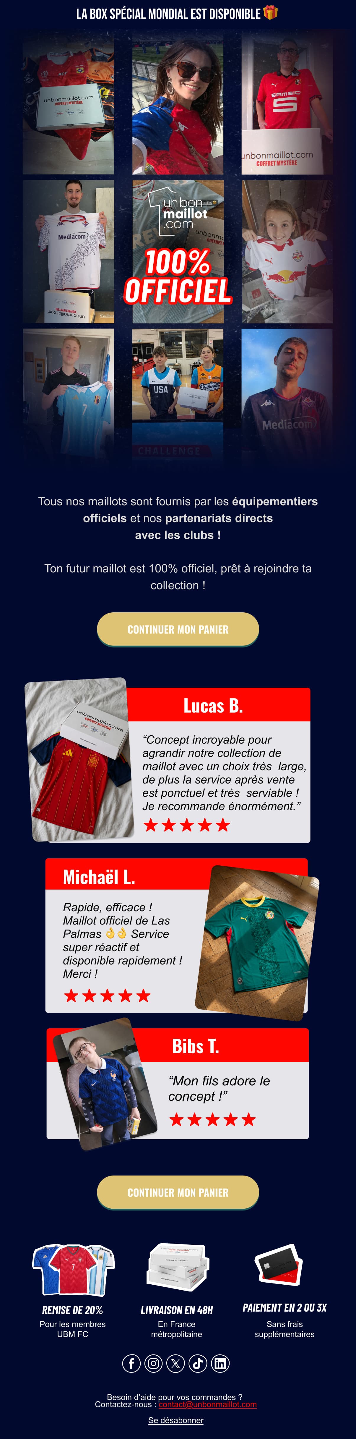 Deuxième e-mail : mosaïque de photos de clients avec leur coffret et leur maillot, mention « 100 % officiel » et trois avis notés cinq étoiles.