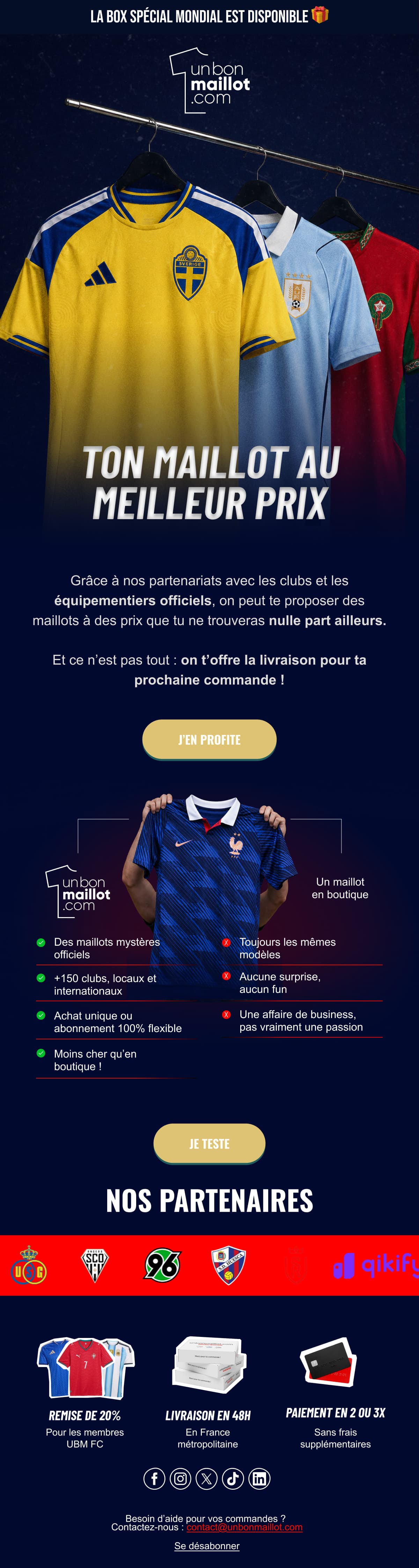 Troisième e-mail : trois maillots de sélections suspendus à un portant dans la pénombre, accroche « Ton maillot au meilleur prix » et bandeau des clubs partenaires.