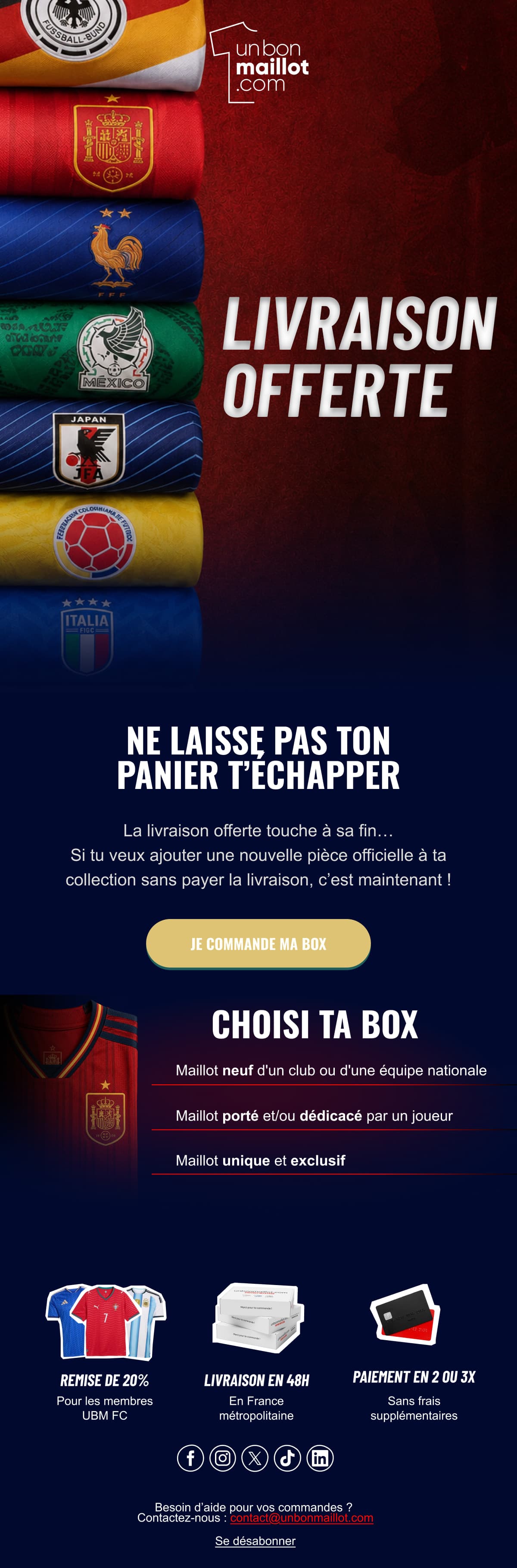 Relance de panier abandonné : une pile de maillots de sélections nationales pliés, accroche « Livraison offerte » et rappel des trois types de box.