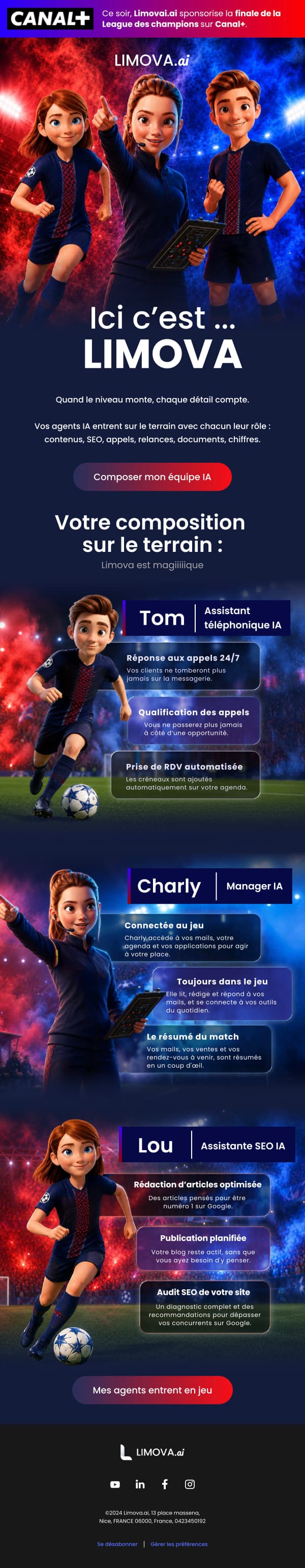Campagne « Ici c’est Limova » : les agents IA de la marque en tenue de football sous un bandeau Canal+, puis la composition de l’équipe agent par agent.