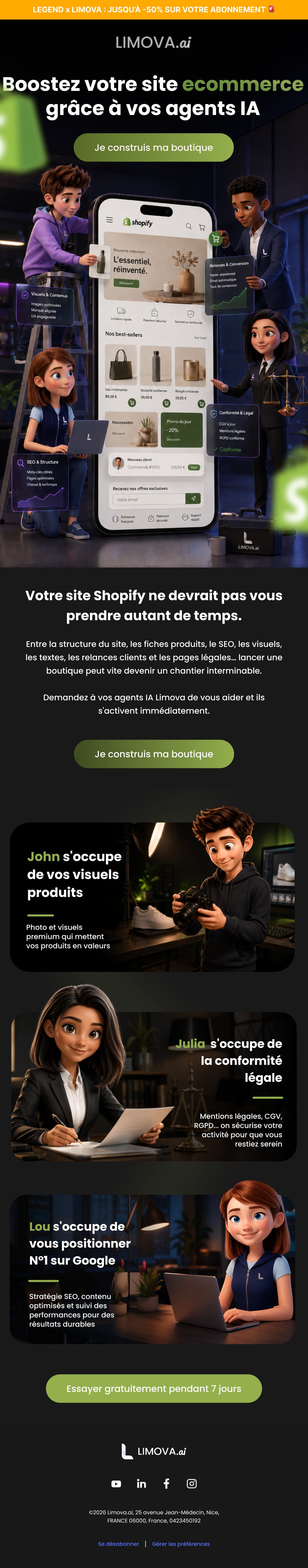 Campagne « Limova × Shopify » : les agents IA autour d’une boutique en ligne affichée sur un téléphone géant, puis le rôle de chacun sur le site.