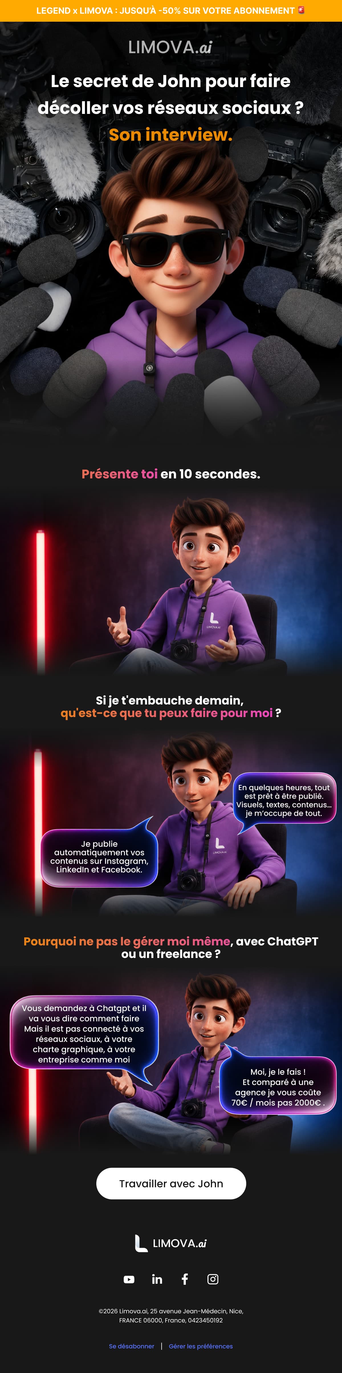 Campagne « L’interview de John » : l’agent marketing en conférence de presse face à une grappe de micros, puis ses réponses en bulles de conversation.