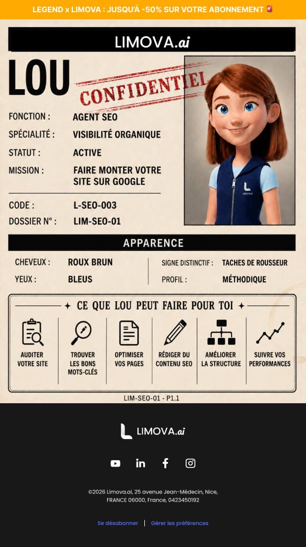 Fiche de l’agent Lou : dossier tamponné « Confidentiel » façon pièce d’enquête, avec fonction, spécialité, statut et mission.