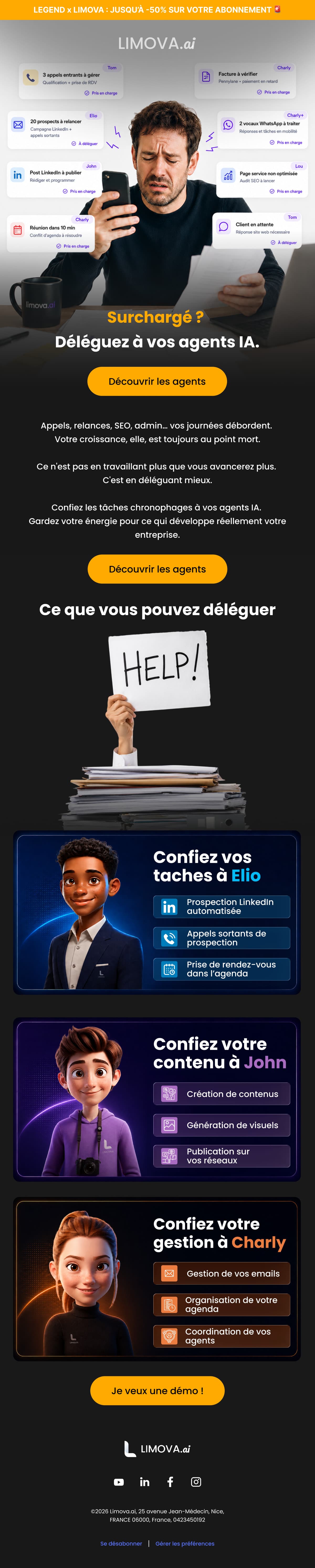 Campagne « Surchargé ? » : un dirigeant débordé entouré de notifications de tâches, accroche « Déléguez à vos agents IA » et répartition des tâches agent par agent.