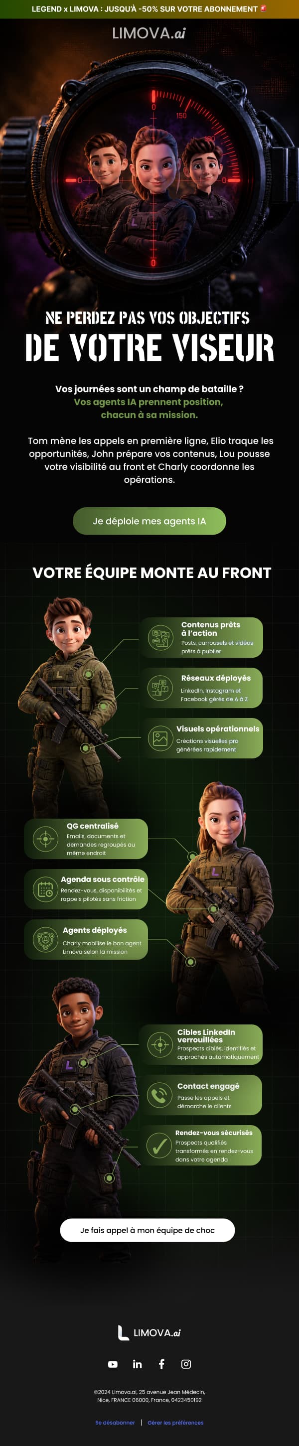 Campagne « Agents au front » : les agents IA dans la lunette d’une visée, registre militaire, accroche « Ne perdez pas vos objectifs de votre viseur ».