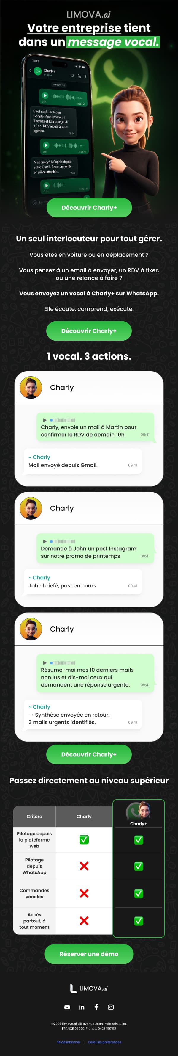 Campagne « Charly+ sur WhatsApp » : une conversation où l’agent exécute des consignes vocales, accroche « Votre entreprise tient dans un message vocal ».