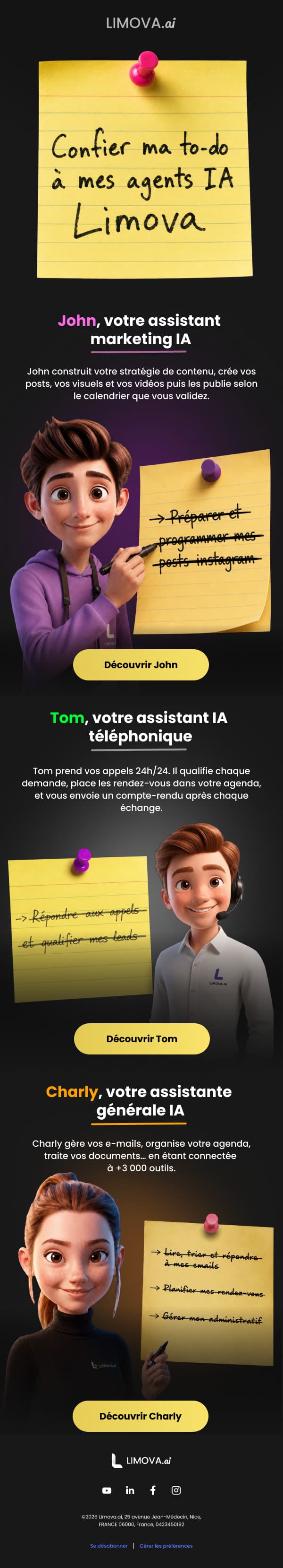 Campagne « Stop à la to-do list » : un post-it manuscrit « Confier ma to-do à mes agents IA », puis chaque agent rayant une tâche de la liste.