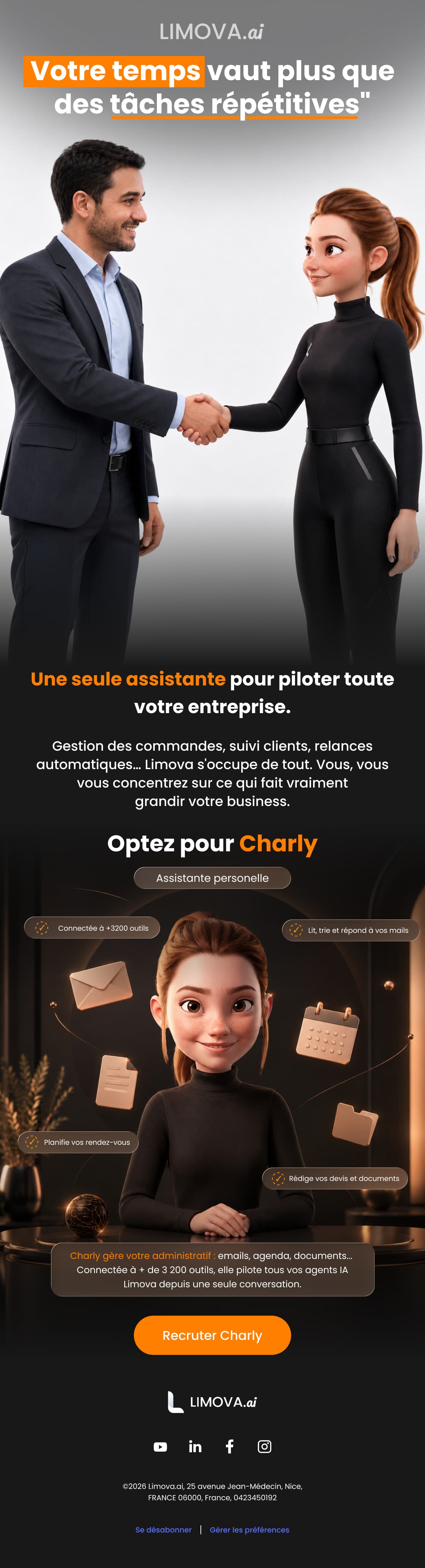 Campagne « Limova × votre entreprise » : une poignée de main entre un dirigeant et l’assistante IA, accroche « Votre temps vaut plus que des tâches répétitives ».