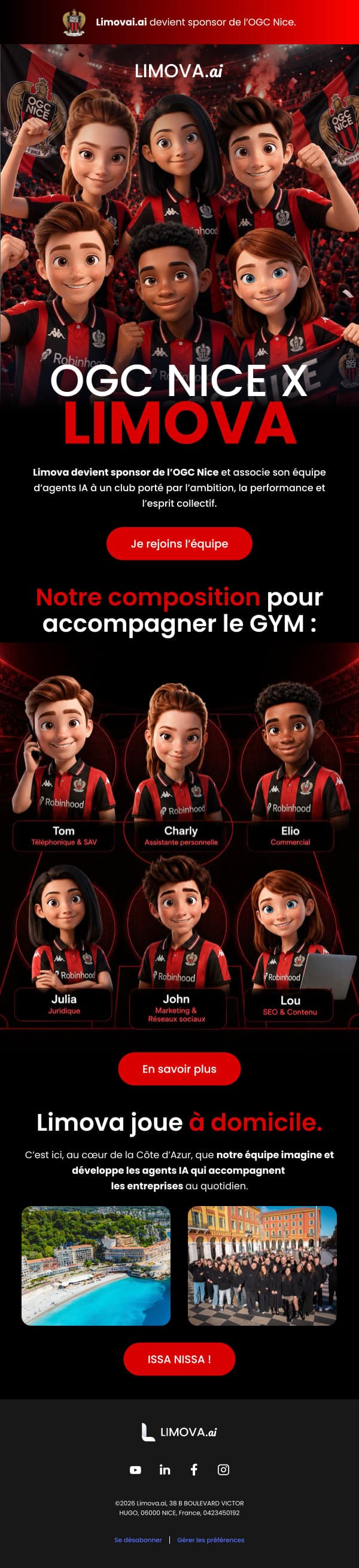 Campagne « OGC Nice × Limova » : les agents IA en maillot du club devant un virage en fumigènes, annonce du sponsoring et composition d’équipe.