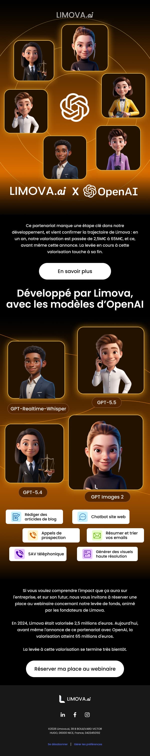Campagne « Limova × OpenAI » : les agents IA disposés en cercle autour du logo OpenAI, annonce du partenariat et des modèles utilisés.