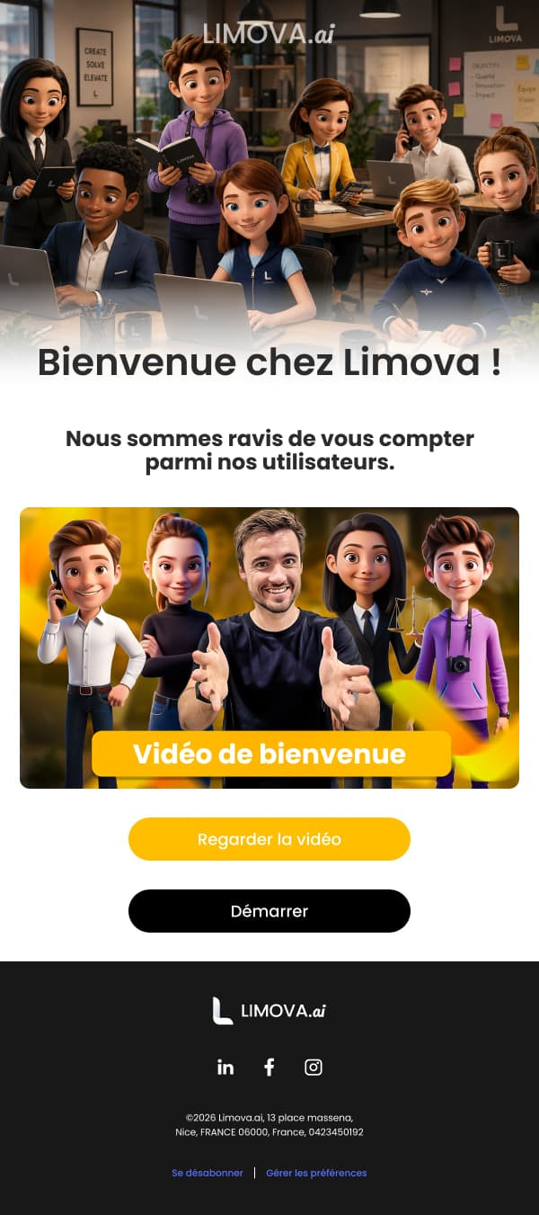 Le même e-mail en version simplifiée : l’équipe, la vidéo de bienvenue et un seul bouton pour démarrer.