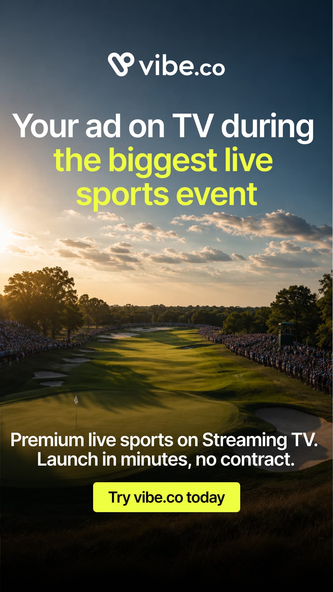 Création story : « Your ad on TV during the biggest live sports event » sur un parcours de golf bordé de spectateurs.