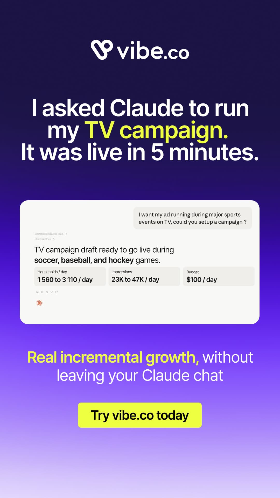 Création story : « I asked Claude to run my TV campaign. It was live in 5 minutes. » au-dessus d’une conversation où la campagne est chiffrée en budget et en impressions.