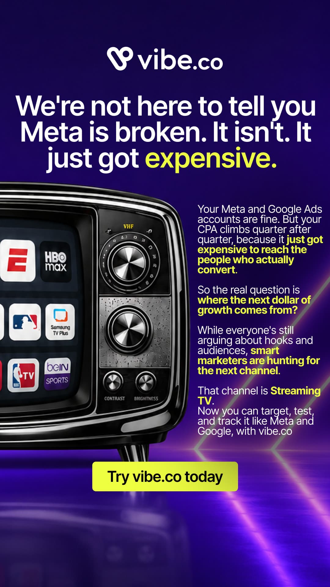 Création story argumentée : « We’re not here to tell you Meta is broken. It isn’t. It just got expensive. », un téléviseur rétro entouré de logos de chaînes de streaming.
